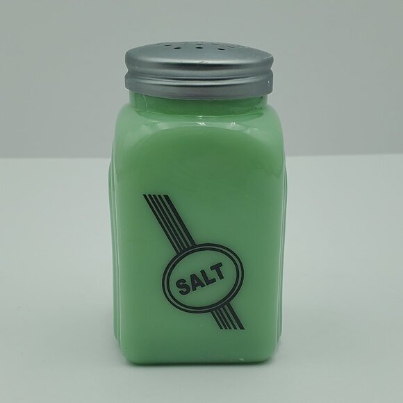 Jadeite Salt Shaker Green Glass Salt Shaker Black Lines Arch Design - Picture 1 of 6